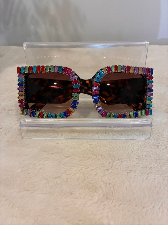 Accessories - Tortoiseshell Square Sunglasses with Multicolored Crystal Trim